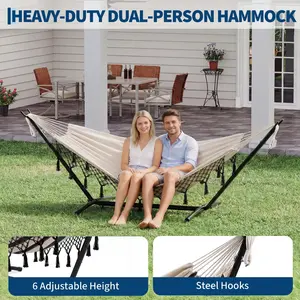 Boho Double Hammock with Stand - 2-Person Cotton Bed, Heavy-Duty 9FT Steel Frame, Stylish Tassels, 450lbs Capacity, Portable, Easy Assembly - Ideal for Indoor, Patio, Backyard, Garden, Camping, Beach
