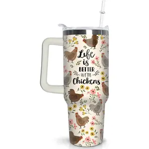40 oz Chicken Tumbler with Handle and Straw, Floral Rooster Stainless Steel Vacuum Insulated Travel Coffee Mug Cup Water Bottle, Chicken Stuff Accessories Decor, Rooster Gifts for Women Girls