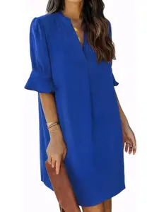 USBOUTIQUECHIC Women's Summer Slim Fit Dress Lightweight Flounce Sleeve Midi Dress for Casual & Date Night, Notched Neck, Roll Up Sleeve, Plain Pattern