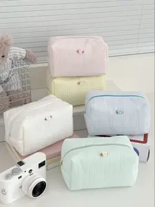 1PC Cute Rose Knit Cotton Octagonal Bag, Large Capacity Portable Makeup Storage Pouch, Fresh Sweet Style for Girls, Trendy Design, Makeup Organizer Pouch