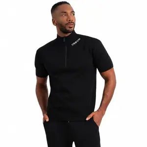 URBVN Men's Half-Zip Technical Knit Pullover Crew Neck Sweater in Black for Everyday Wear