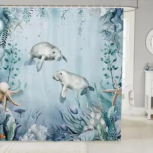 Manatee Shower Curtain Set, Beach Coastal Ocean Shower Curtainstarfish Octopus Tentacles Bathroom Accessories, Underwater Creature Coral Bath Curtain