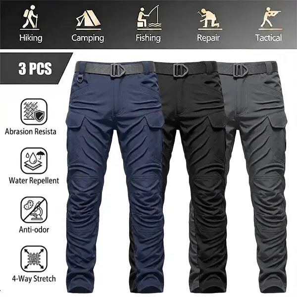 Multiple options (single pack, 3-pack). Men’s tactical pants made from stretch waterproof fabric; durable cargo pants suitable for hiking, casual wear, and work, featuring multiple pockets (no belt included).