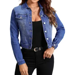 Trendy Jean Jacket Stretchy Cropped Denim Jacket Long Sleeve Button Down Denim Coat