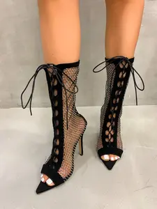 Spring 2026 Mesh Rhinestone High Heel Sandals, Sexy Fish Mouth Toe Design, Breathable Lace Material, Perfect for Parties and Nightclubs