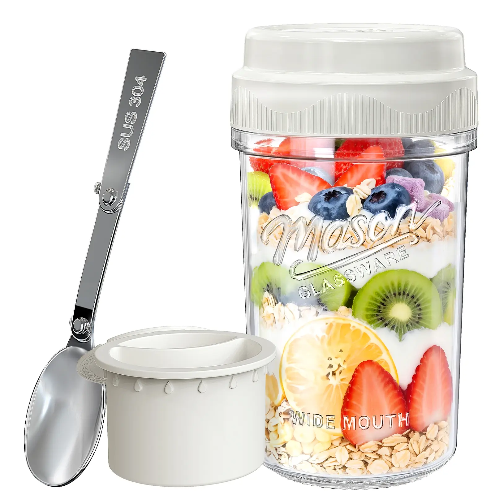 Syntic 21oz Silicone-Sealed Airtight Glass Overnight Oats Canister with Lid, Topping Cup & Spoon, Leak-Proof Kitchen Meal Prep Container for Yogurt & Breakfast On the Go