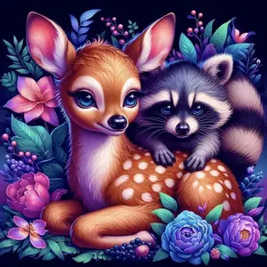 5D DIY Full Drill Round Diamond Painting - Diamond Art Kit Deer, Raccoon, Flowers. Mosaic, Canvas - DIY Decor, Home Wall Art, Suitable for Halloween and Christmas, Birthday and Anniversary Gifts.