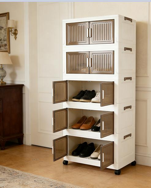 5-tier foldable, stackable plastic storage cabinet with wheels and lid—suitable for various home spaces: bedroom, living room, wardrobe/closet, bathroom, shower, kitchen, hat storage, shoe rack organizer, rack.