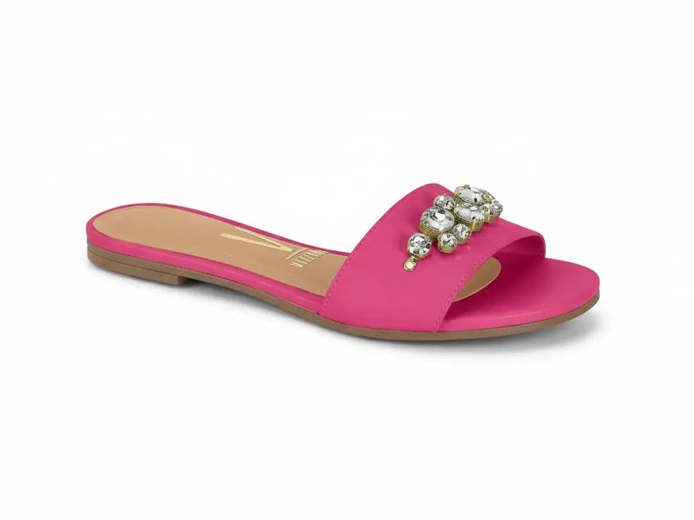 Vizzano Women's Flat Sandals, Synthetic Round Toe Resort Wear with Crystal Decor and a Padded Sole, Fuchsia Pink, Footwear, Classy Sandal, Party, Pearls, Casual, Elegant, Versatile