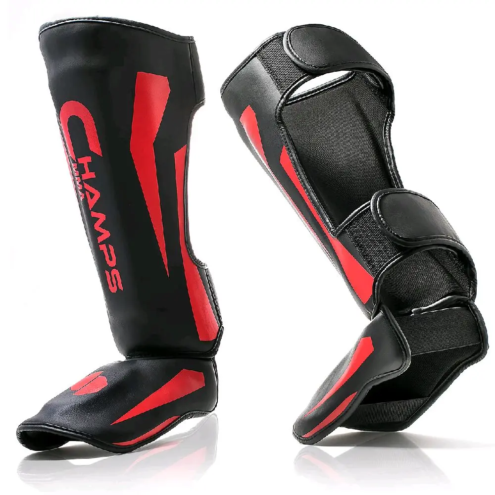 Champs MMA Martial Arts Shin Guards for Adults - Padded, Adjustable Muay Thai Leg Guards with Instep Protection, Boxing/Wing Chun/BJJ Compatible Durable Sturdy Training & Sparring Gear (Large Black)