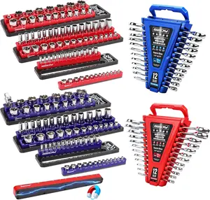 8-Piece Magnetic Socket and Wrench Organizer Set, Metric & SAE, 1/4", 3/8", 1/2"Drive Detachable Socket Storage Tray, 24-Slot Wrench Holder with Non-Slip Handle & Lock Cover for Toolbox Drawer Storage