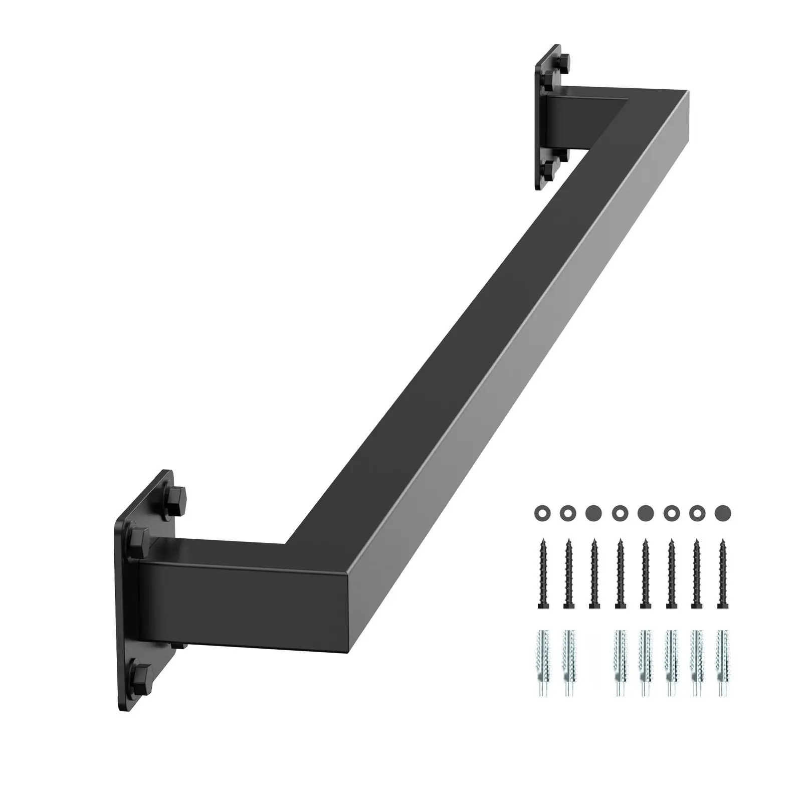 4 Ft Wall Mounted Stair Handrail In Black Iron With Square Tube Construction, Heavy Duty 250 Lb Load Capacity, Suitable For Indoor Staircases, Residential And Commercial Use, Easy Mount Bracket Design