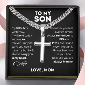 "To My Son" Cross Pendant Necklace, Stainless Steel Cuban Chain Jewelry, Birthday Gift Valentine's Day Gift, Christmas Gift, With Card And Gift Box