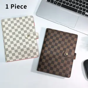 Grid Leather A5 Six-Ring Notebook Set, A6 Faux Leather Lined Notebook, 45 Sheets, 2 Zipper Pockets, Multi-Functional for Work, School, Logs, Travel Diary Notebook
