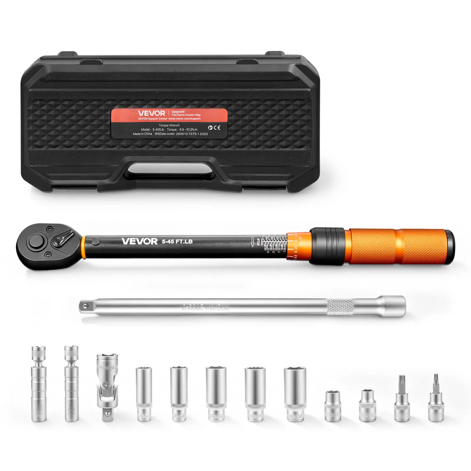 VEVOR 3/8-inch Drive Click Torque Wrench 14-Piece Set, Mechanic Equipment with Sockets, Bits, Universal Joint, Bar, Case, 5-45 lbf-ft/6.8-61.2 N.m ±3% High Precision Dual Scale, for Automotive & Bike Repair