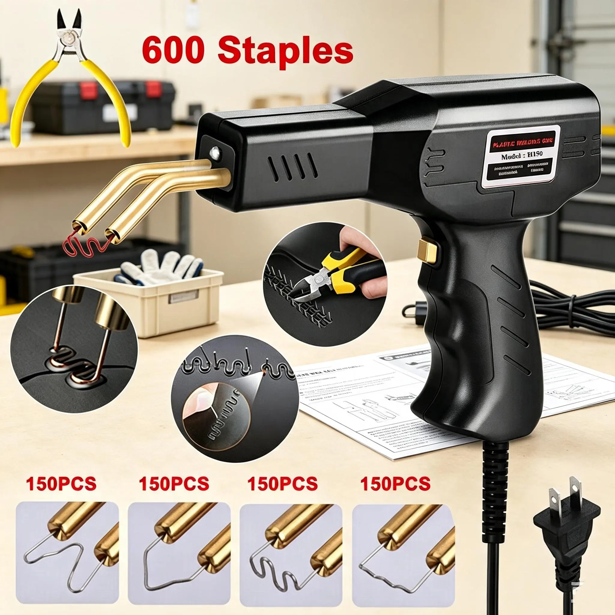 Universal Automotive Plastic Repair Hot Stapler Kit with Copper Head - 50W Handheld Rapid Heat Welding Machine, 600 Mixed-Shape Staples for Car Trim, Light Housing Crack Repair, Repair Cracks