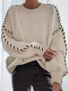 Women's Casual Loose-Fit Soft Knitted Sweater, Oversized Round Neck Pullover, Long Sleeve Jumper Knitwear for Fall & Winter