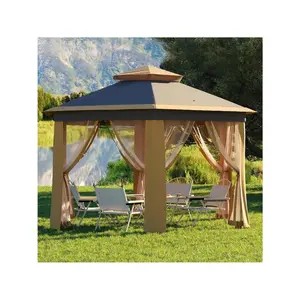 Khaki- Pop Up Gazebo, 13 X 13FT Hexagonal Outdoor Canopy Shelter, Instant Patio Gazebo Tent With Mesh Netting And Strong Steel Frame For Patio Backyard Garden Wedding Party Sun Parasol Umbrella