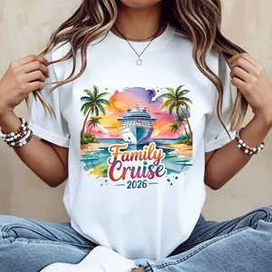 Cotton Family Cruise 2026 Tropical Paradise T-Shirt, Casual Style, Crew Neck, Short/Regular Sleeve, Summer Tee, Machine Washable, Do Not Dry Clean, Made in USA