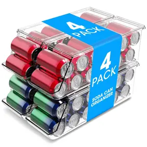 Acztne 4 Pack Soda Can Organizer, Clear Refrigerator Organizer with Lids, Stackable Organizers for Pantry, Freezer, Kitchen – Holds 12 Cans Each