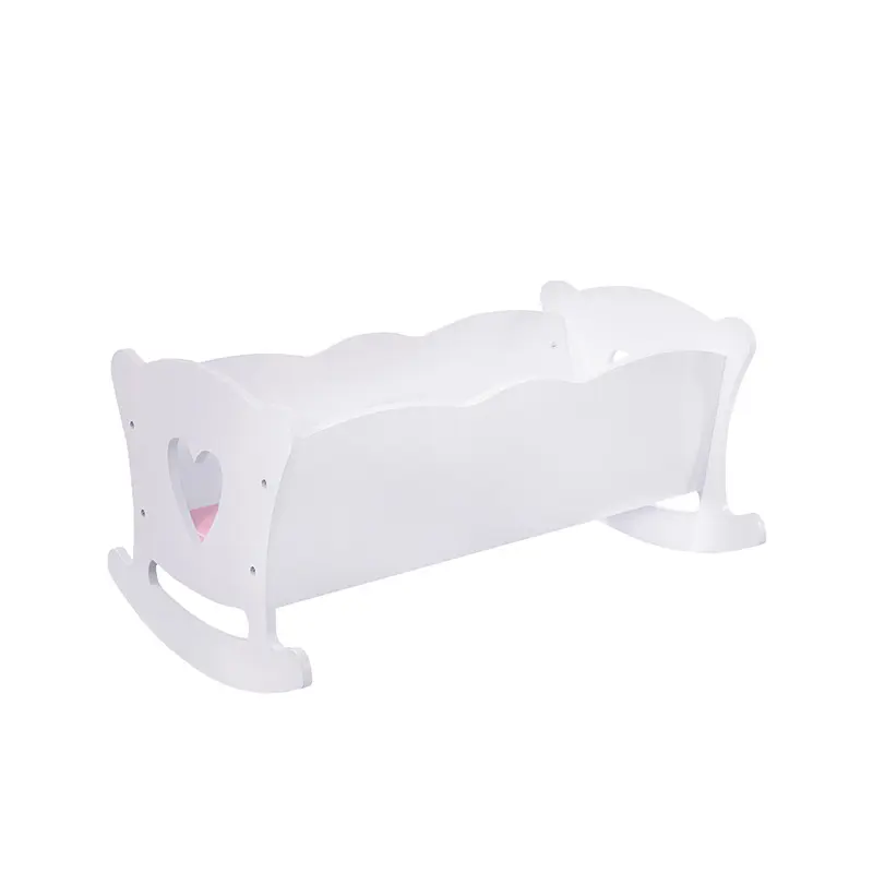 Wooden Doll Rocking Cradle Bed with Pink Pillow & Blanket, Heart Hollow Design Mini Doll Furniture Toy, Non-Toxic MDF Wood Pretend Play Doll Crib Fits 18 Inch Dolls, Educational Role Play Math Learning Toy Gift for Toddler Girls Ages 3+
