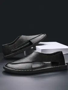 Men's Summer Leather Sandals, PU Leather Slides, Large Size Hollow Out Roman Beach Slippers, Casual Open Toe Shoes, Comfortable Outdoor Footwear, Breathable Sandals