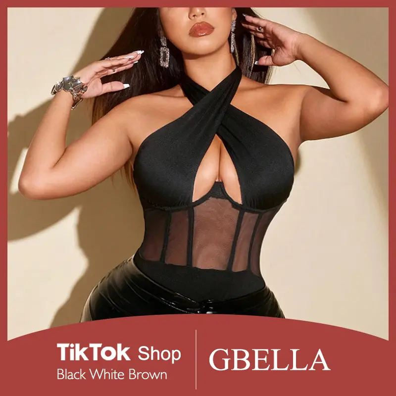 GBELLA Bodysuit | Summer Jumpsuit for Women | Sexy Crisscross Halter with Heart Cut-Out | Mesh Slim Fit Bodysuit | V-Neck Minimalist | Stretchy & Comf