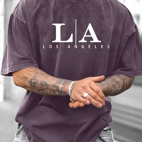 Men's Fashion Pure Cotton Soft Breathable Short Sleeve Round Neck T-Shirt, Vintage Washed, Graphic Letter Print, Oversized Loose Fit Casual Daily Streetwear Summer Top