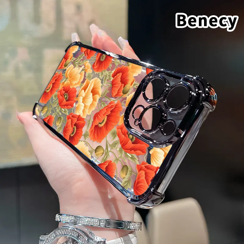 Four Corner Anti-Fall Poppy floral symphony Pattern Phone Case for iPhone 16 Pro Max 15 Plus 14 13 12 11 E Shockproof Transparent Electroplated Protective Cover