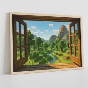 Block Video Game Canvas Decor, Steve Craft Poster, Mine Movie Poster, Gaming Room Poster Framed, Wrap, Print, Field of Blocks Game Wall Art