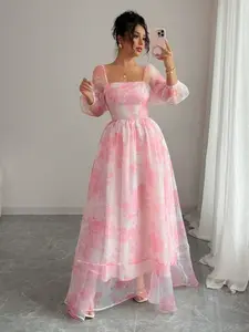 Women's Floral Organza Dress, Long Sleeve Slim-Fit, Elegant Layered Cocktail Gown, Perfect for Weddings & Dates