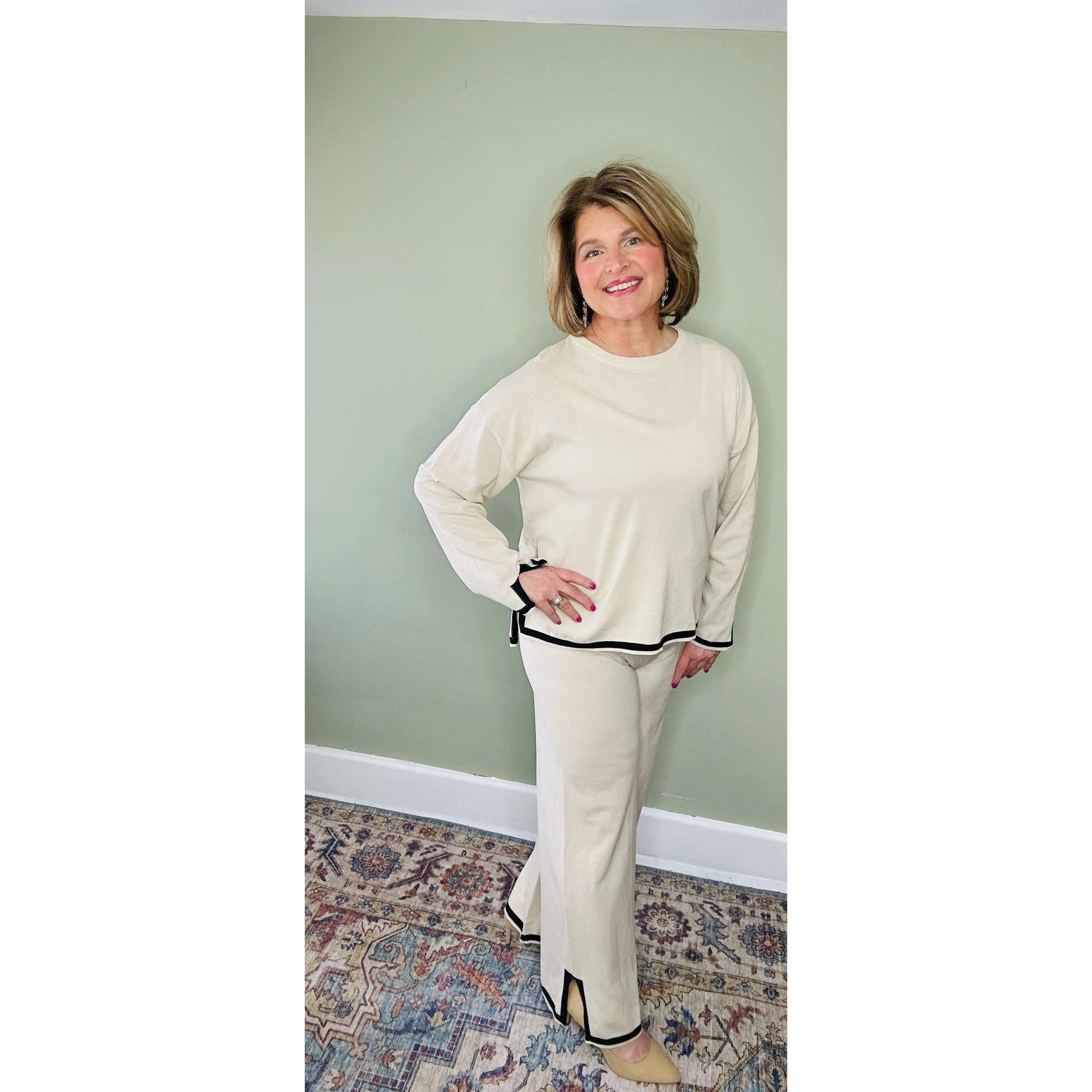 Women's 2-Piece Solid Loungewear Set, Soft Viscose Everyday Suit with Long Sleeve Split Cuff Sweater & Wide Leg Split Hem Pants, Style, Fabric, Longsleeves, Pullover, Clothes, Sportswear, Pajama Set, Nightwear, Fit, Top, Casual, Comfortable, Leg Pants