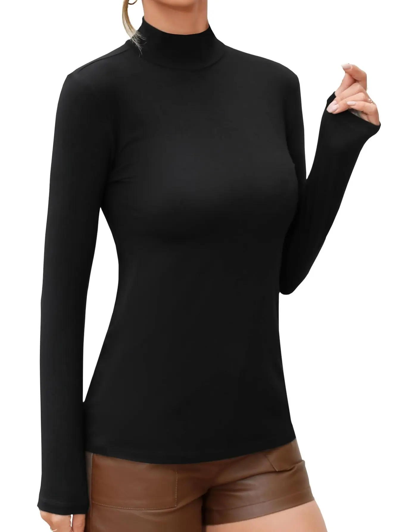 Women's Mock Neck Long Sleeve Top, Soft Smooth Slim Fit T-Shirt, Basic Lightweight Stretch Base Layer for Layering, Turtleneck, Sleeve Shirt, Elegance, Stretchy, Comfortable, Casual, Clothes, Minimalist