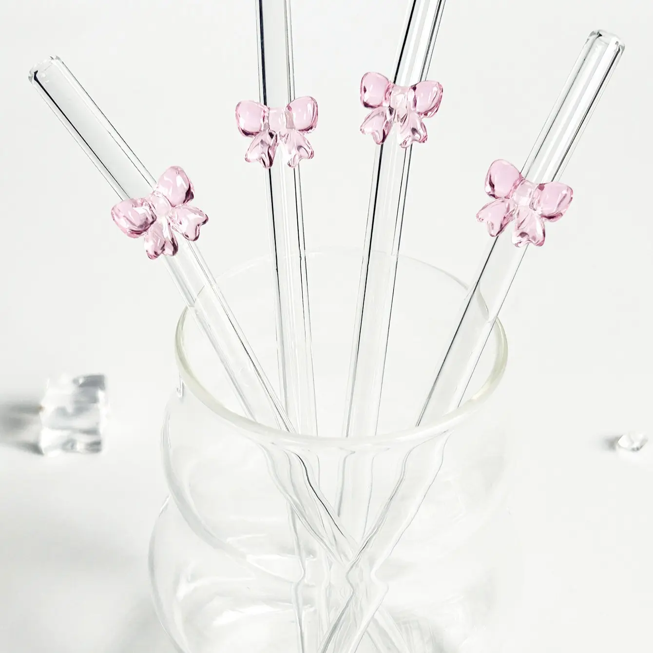 Cute Cartoon Bow Glass Straw Set, Reusable Bent Thick Glass Straws, Drinking Straws, Kitchen Accessories, Home Bar Accessories, Cold Drinks, Home, Party, Wedding Supplies