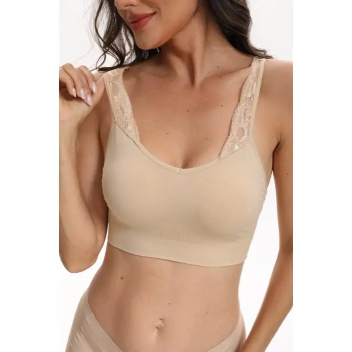 Imily Bela Womens Lace Trim Bralette Seamless Wireless Comfort Bra with Adjustable Straps
