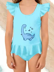 summer collection girls' one-piece swimsuit Sun protection quick-dry swimming suit Cartoon printed cute and sweet Blue Dinosaur With Flying Birds Pattern beach vacation hot spring swimsuit Quick-drying, lightweight, breathable, and skin-friendly