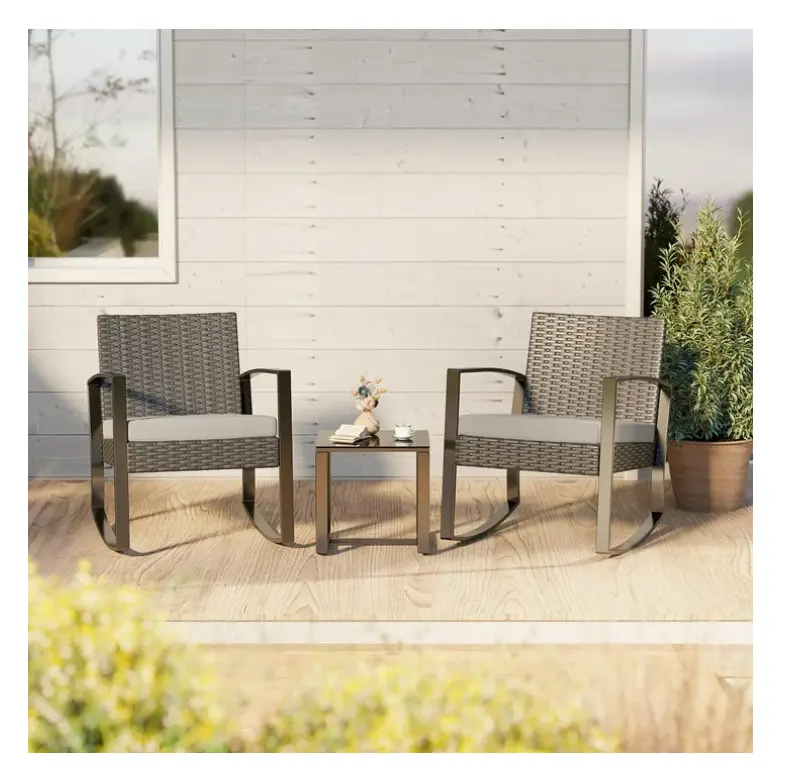 3-Piece Patio Furniture Set Rocking Wicker Chairs, Comfortable Cushions with Coffee Table for Outdoor Garden Balcony Backyard, Gray