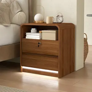 Messenya Walnut Nightstand with Charging Station, Motion-Activated LED Light & Lockable Drawer, 21" Mid Century Modern Bedside Table with Rounded Corner Anti-Collision Design for Bedroom, Dorm