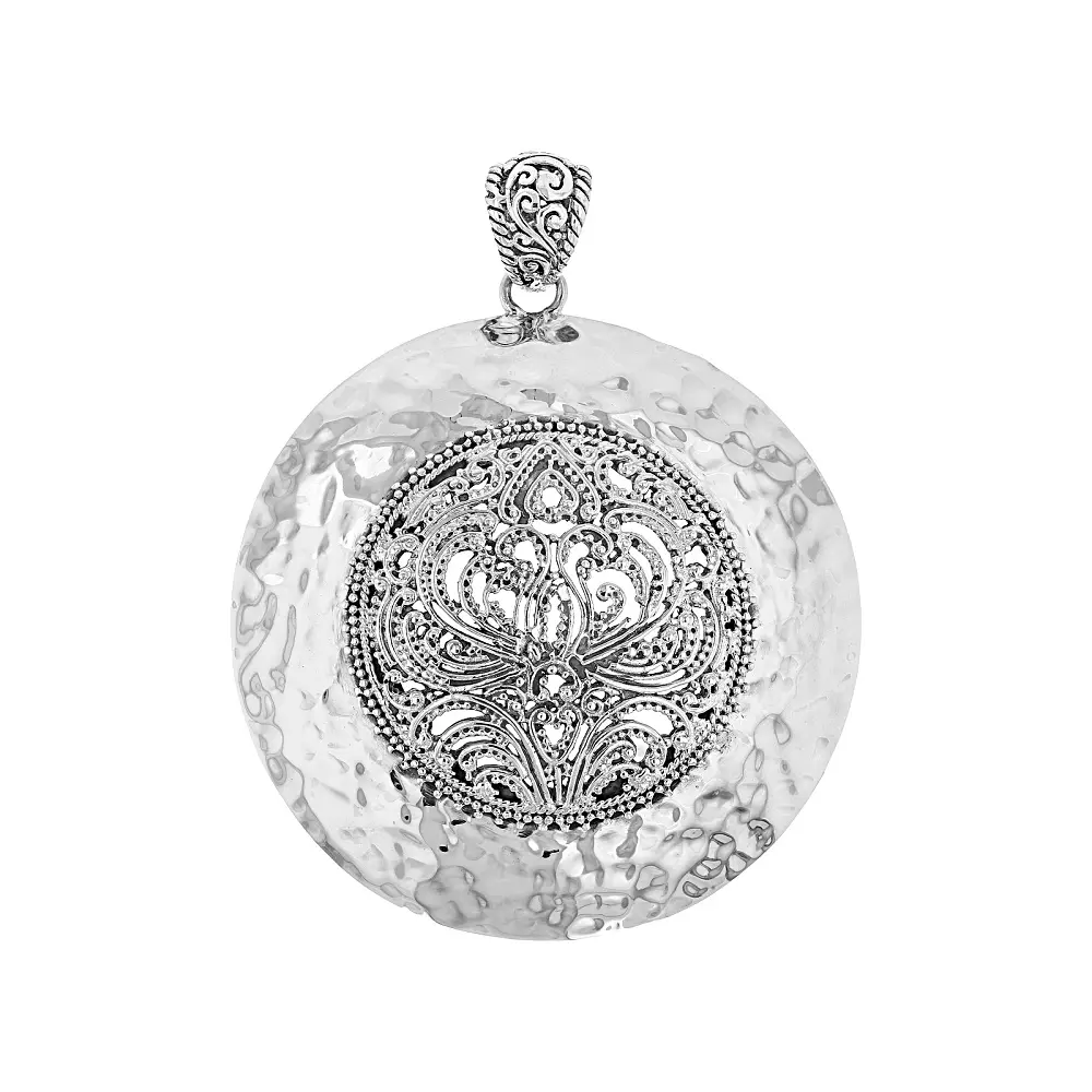 Sterling Silver Statement Pendant, Artisan Bali Style with Large Hammered and Filigree Design, Pure Silver Jewelry for Women, Pure Silver Necklaces & Pendants