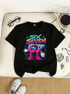 Boys Summer New Arrival Kids Teens 6th/7th Birthday T-Shirt,  Neon Pixel Lightning 67 Print Tee, Multi-Color Six Seven Casual Short Sleeve Tops, Trendy Cool Cartoon Birthday Outfit for Boys