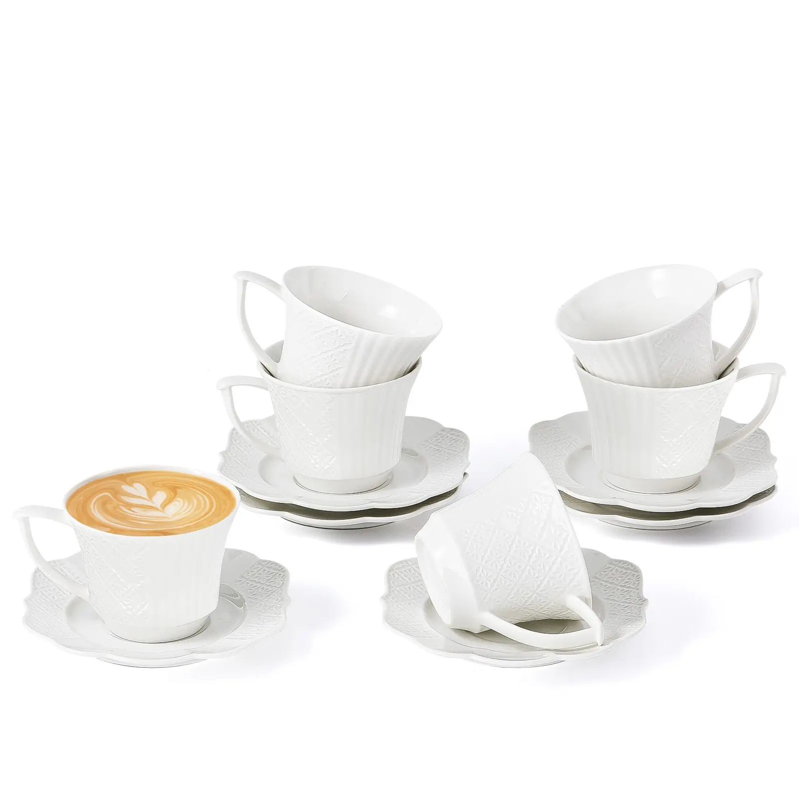 Ceramic Tea Cups and Saucers Set of 6, 6oz Beverage Coffee Cups with Aesthetic Delicate Floral Relief, White Coffee Mugs, Espresso Cups for Cappuccino, Latte, Americano, Gifts for Coffee Lover