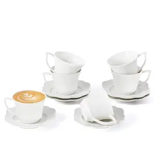 Ceramic Tea Cups and Saucers Set of 6, 6oz Beverage Coffee Cups with Aesthetic Delicate Floral Relief, White Coffee Mugs, Espresso Cups for Cappuccino, Latte, Americano, Gifts for Coffee Lover