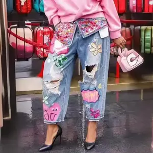 Women's Loose  Heavy Embellished Rhinestone Printed Hole Denim Jeans  ming Pants able Casual Womenswear Bottom High Waist Legging