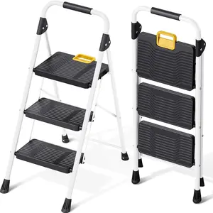 3 Step Folding Ladder, 800lbs Capacity Step Stool with Safety Lock, Non-Skid Wide Pedals, and Handrail, Lightweight, Household Ladder for Home, Kitchen, Pantry, Closets, and Office Use, White