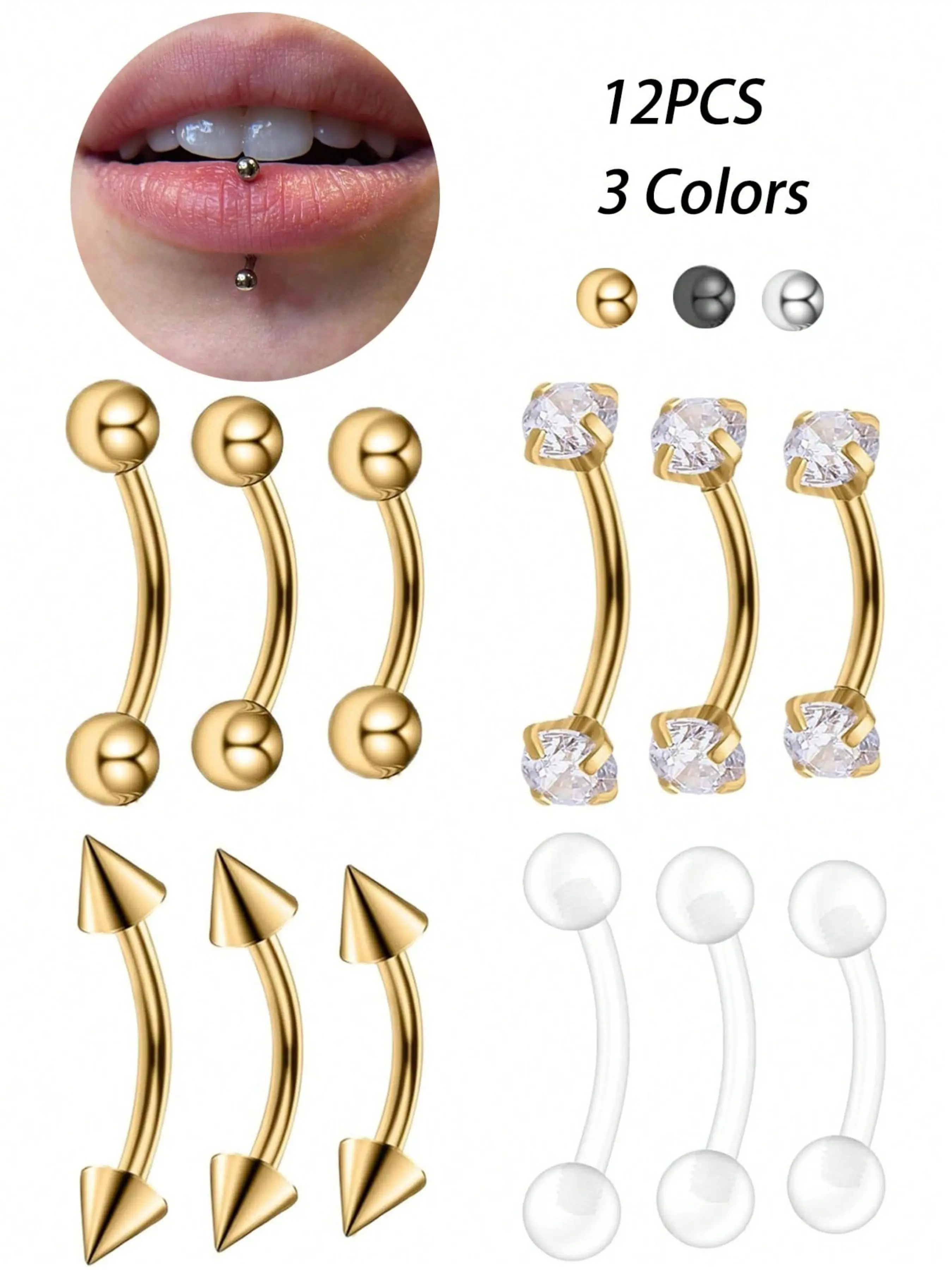 12PCS Curved Barbell Eyebrow Lip Bars 6mm 8mm 10mm Stainless Steel 16G Curved Barbell Body Piercing Jewelry Silver Gold Black