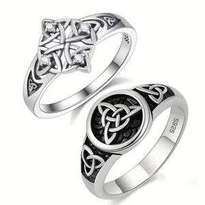 Retro Thai Silver Celtic Knot Trinity Ring European and American Witch Celtic Talisman Diamond Set Ring