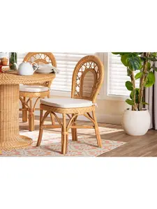 Bali & Pari 193271472826 Adam Natural Rattan Dining Chair with Curved Backrest & Removable Cushion - Handwoven Wicker Accent Chair for Dining Room or Kitchen, Light Honey