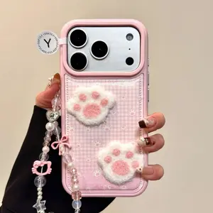 Ins Style Cute Cat Paw Smartphone Case - Anti-Drop Leather Texture Cover for iPhone 13 14 15 16 17 Pro Max, with Photo Button, Pearl Chain, Shockproof Protection - Handheld Mobile Accessory for Devices