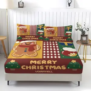 3-piece Christmas Gingerbread Man Patterned Bed Sheet with Comfortable Printed Pattern, Including 1 Bed Sheet and 2 Pillowcases, Comfortable Bedding, Non Slip Dust Cover Suitable for Bedrooms and Guest Rooms, Suitable for Children and Adults As Gifts