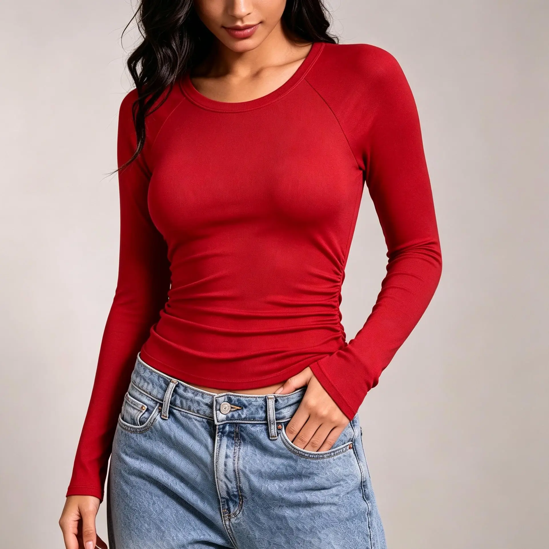 ATTRACO Women's Casual Long Sleeve Sewn-in pads Crew Neck Top - Slim Fit Basic Going-Out Blouse for Summer & Fall